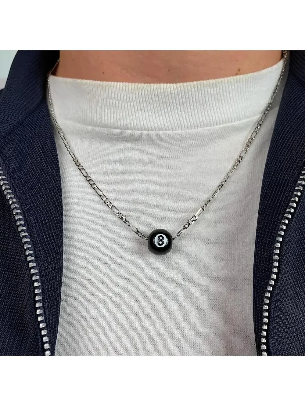 Cyber Y2k Figaro silver chain 8 ball pendant necklace. Cool simple design.